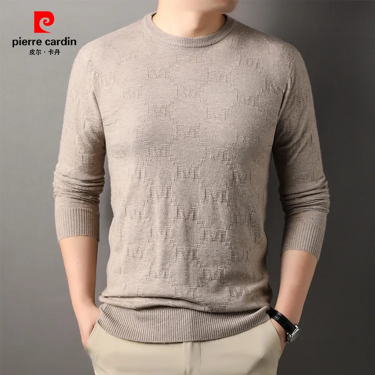 皮尔卡丹绵羊毛衫男款长袖圆领针织衫毛衣秋冬男士高档休闲打底衫