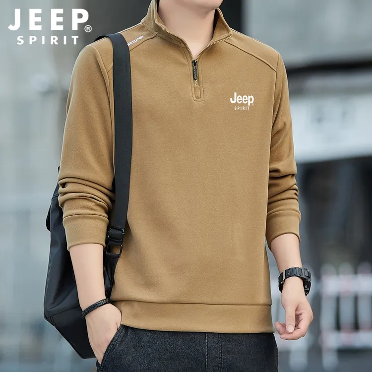 JEEPSPIRIT德绒卫衣男秋冬新款男士半开衫休闲百搭立领纯色上衣