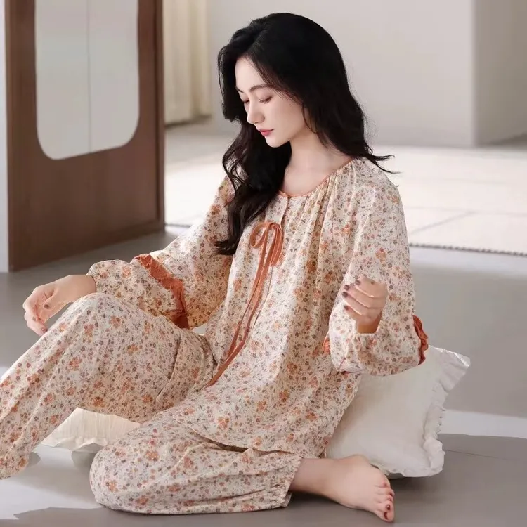 长袖睡衣女新款春秋季圆领甜美开衫大码小碎花家居服套装
