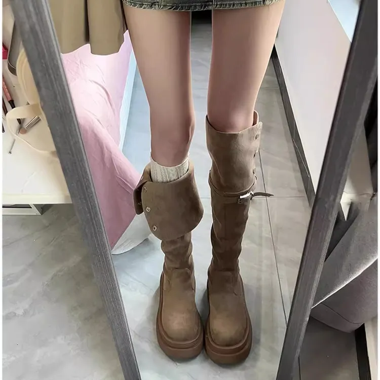 厚底长筒靴女2024新款秋冬季不过膝绒面长靴女款显瘦高筒骑士靴子