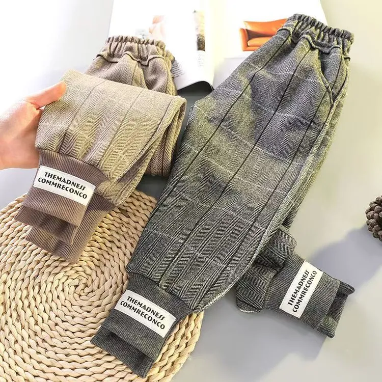 弹力女童裤子秋冬款毛呢裤加绒2024新款儿童冬装一体绒格子裤卫裤