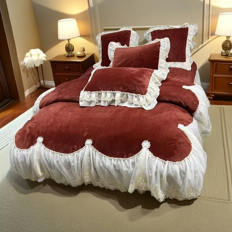 冬款婴儿绒四件套法式公主风床盖款保暖防寒毛绒被套床盖枕套四件