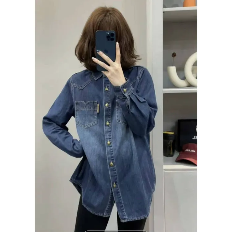 牛仔衬衫女春秋冬新款韩版加绒款宽松蓝色百搭休闲打底衫衬衣外套