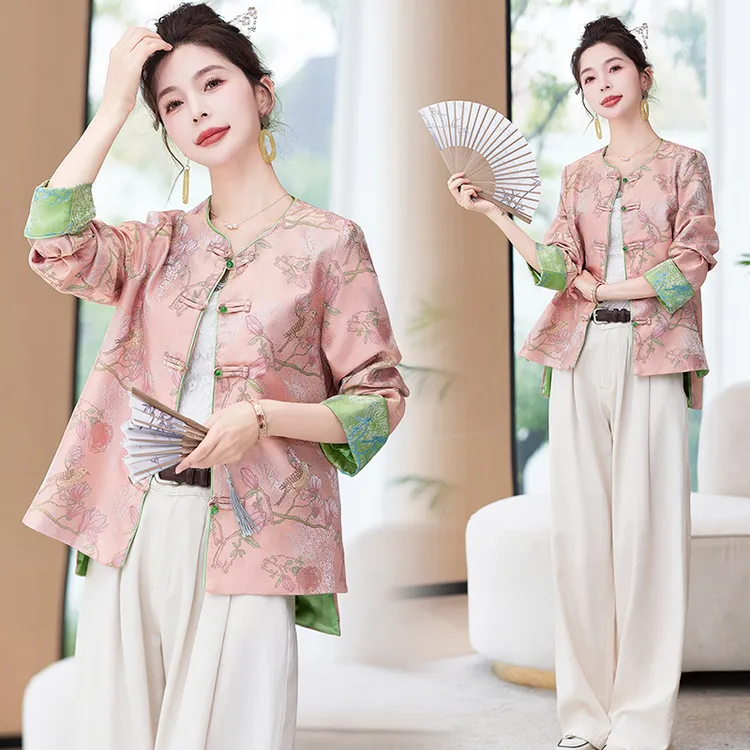 新中式国风提花外套女2025春秋新款撞色短款复古盘扣改良唐装上衣