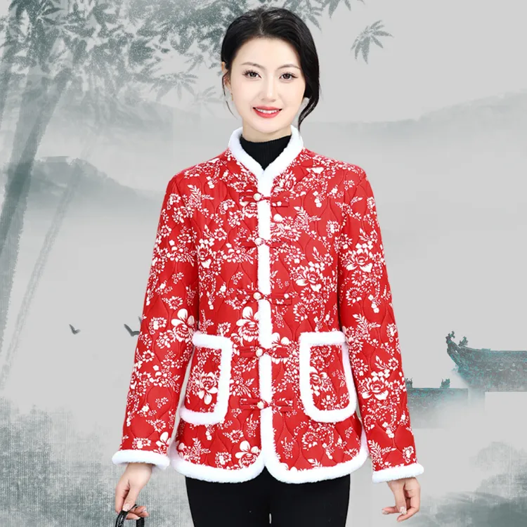 冬季复古加绒保暖冬款中国风妈妈装花棉衣中年女时尚花棉袄民族风