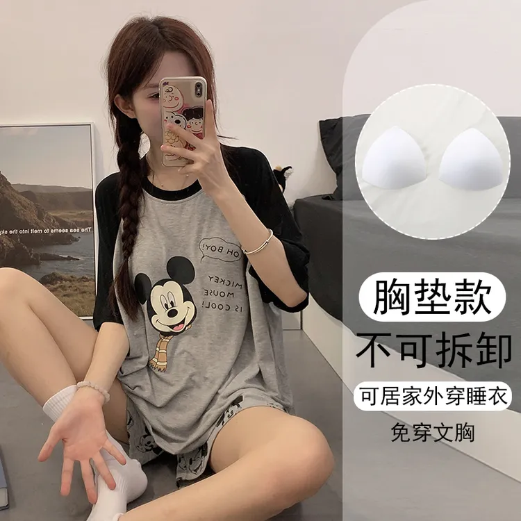 带胸垫睡衣女夏款高颜值可外穿宽松短袖套装家居服2025年新款简约