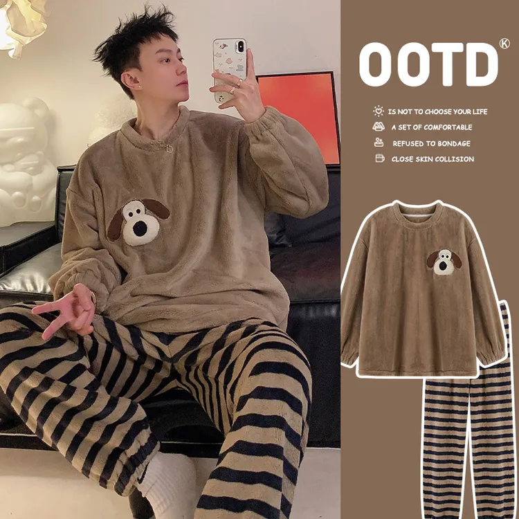 珊瑚绒睡衣男秋冬季法兰绒加厚加绒爆款2024新款大码两件套家居服