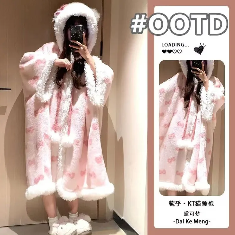 凯蒂猫斗篷新款少女网红风睡袍女秋冬季珊瑚绒宿舍洗完澡外穿浴袍