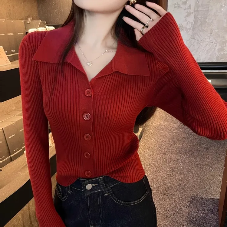 红色polo领针织衫女2025早秋新款小香风毛衣长袖打底初秋翻领上衣