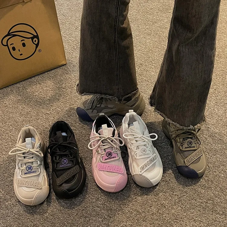 美式复古老爹鞋女透气休闲轻便2024年夏季新款厚底增高炸街运动鞋