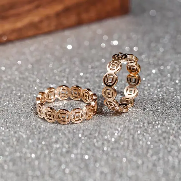 LINGSIV 钛钢戒指 网红时尚气质铜钱戒指女小众复古钱币素款指环