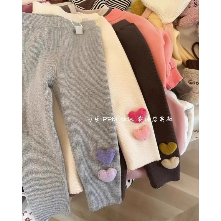 女童打底裤2025秋冬新款儿童高腰弹力纯色爱心针织一体绒保暖长裤