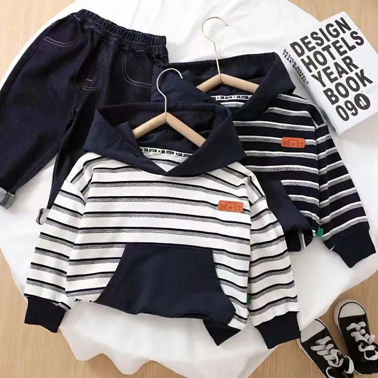 男童韩版条纹连帽卫衣春秋季新款儿童时髦洋气百搭韩版上衣潮