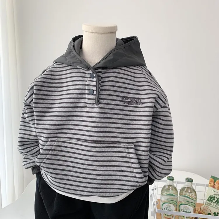 男童连帽卫衣加绒加厚2025冬季儿童韩版洋气条纹百搭连帽保暖上衣