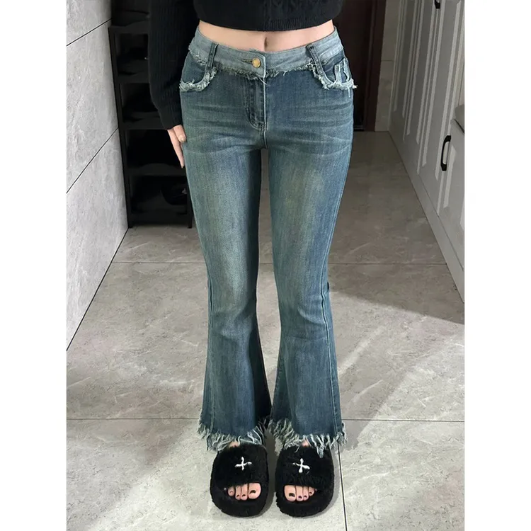 复古浅色毛边微喇牛仔裤女春秋新款大码宽松高腰显瘦小个子九分裤