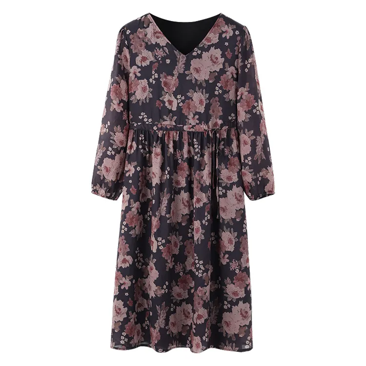 大码女装秋季收腰印花时尚气质中长款A字宽松碎花连衣裙ZB4328现