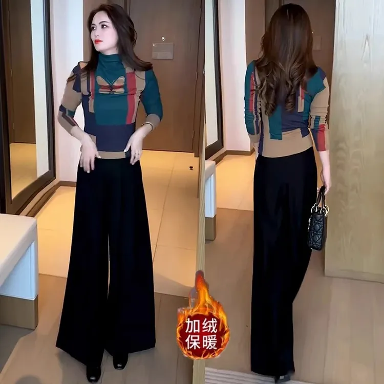 加绒保暖半高领打底衫女T恤2025冬季新款时尚洋气设计感拼色上衣