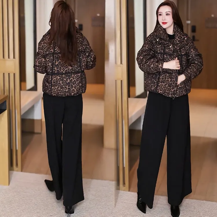 时尚豹纹羽绒棉服女2025冬季新款宽松加厚外套小个子休闲保暖棉袄