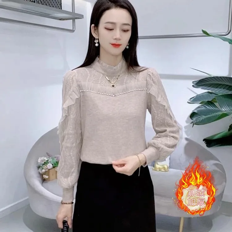时尚拼接蕾丝打底衫女2025秋冬新款洋气宽松显瘦加绒加厚内搭上衣