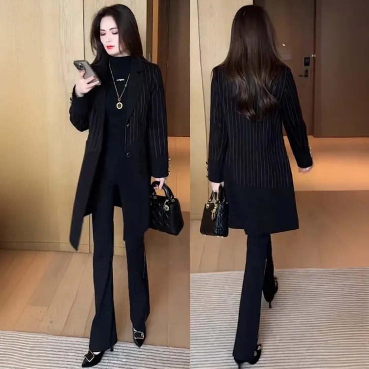 时尚条纹中长款西装风衣女2025春秋新款洋气减龄显瘦高级感外套潮