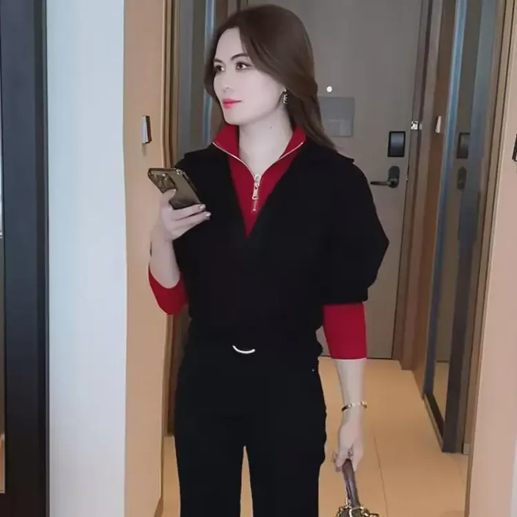 今年流行假两件长袖t恤女士欧货小衫2024秋季新款爆款洋气上衣潮