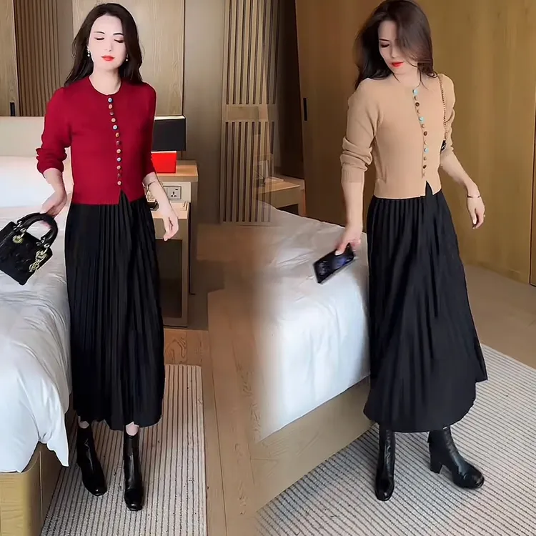 高腰女秋冬季假两件气质针织连衣裙时尚洋气显瘦中长款过膝裙