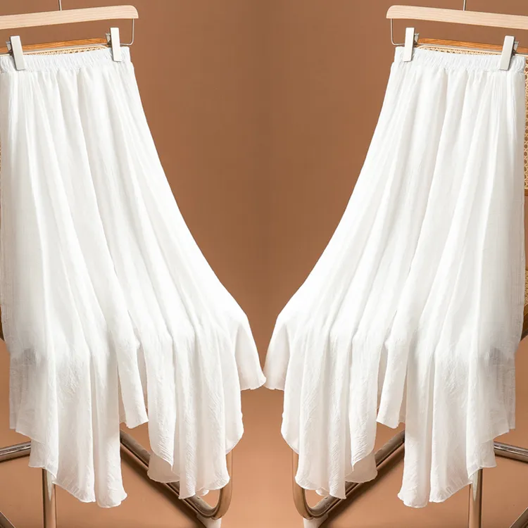 白色不规则半身裙女春夏新款高级感垂坠感显瘦字褶皱中长裙子