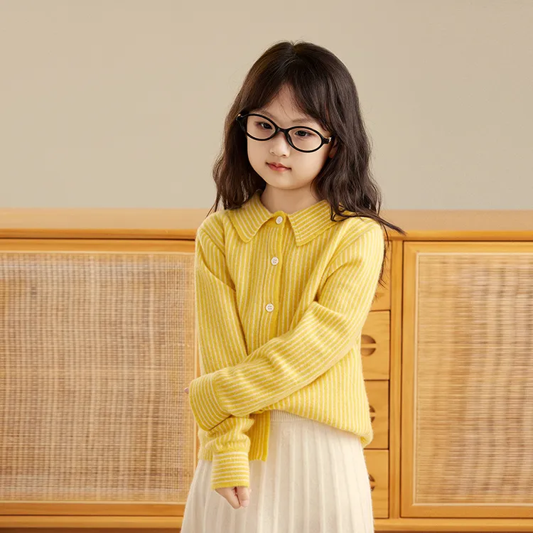 100%山羊绒儿童羊绒开衫衬衫领男女条纹针织衫亲子中大童薄款外套