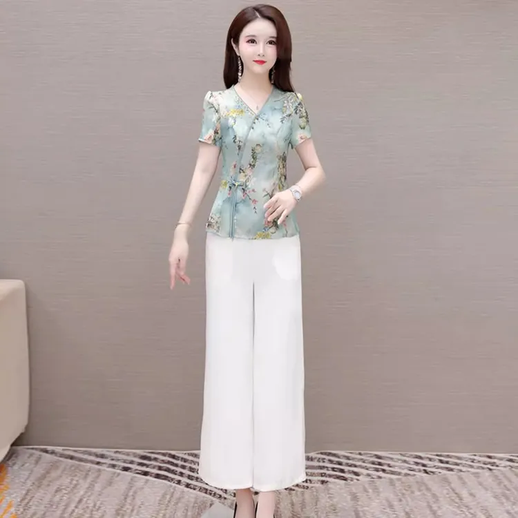 中年妈妈装气质套装2025新款夏季女短袖印花小衫阔腿裤休闲两件套