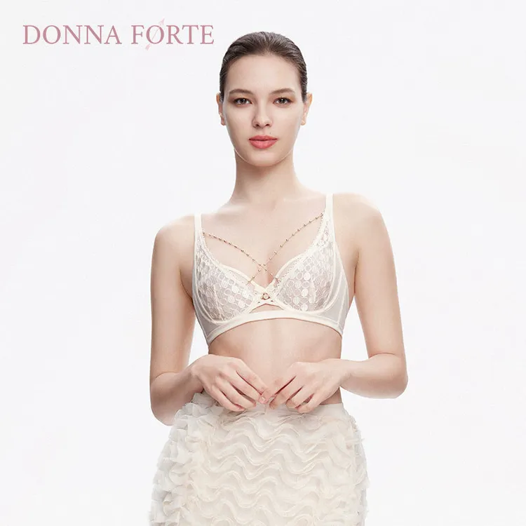 DonnaForte Thetis内衣女法式珍珠纹刺绣超薄杯配纸雕耳饰