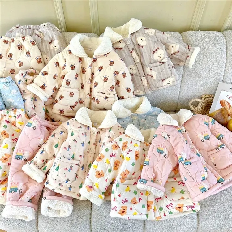 儿童加绒加厚卡通家居服套装冬季韩版男女童三层厚实保暖睡衣外穿