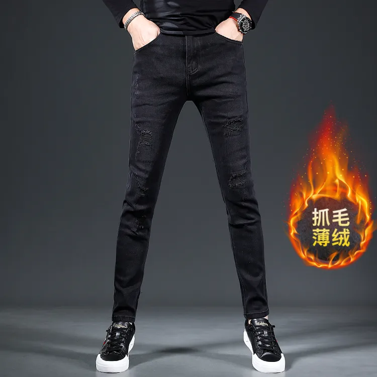 破洞牛仔裤男秋冬款潮牌修身小脚爆款黑色抓绒加厚保暖男牛仔裤子