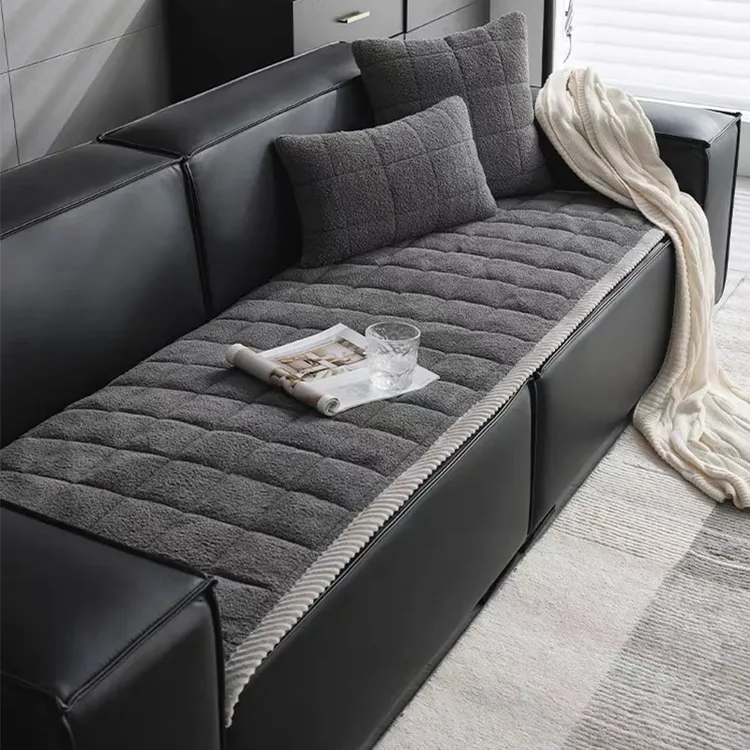 新羊绒毛绒沙发垫办公室深灰色简约防滑冬季真皮加厚坐垫实木组合