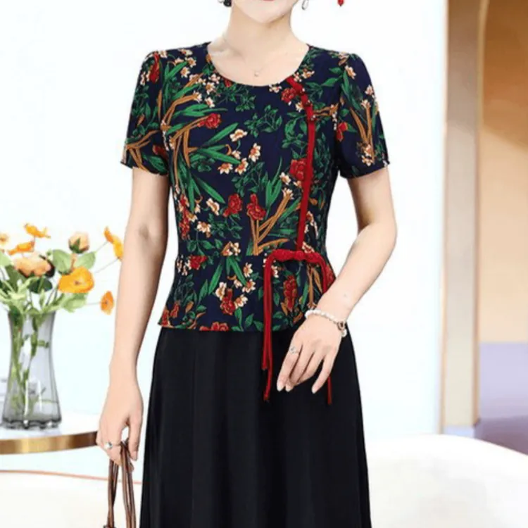 国风时尚潮流气质连衣裙盘扣旗袍连衣裙中老年洋气