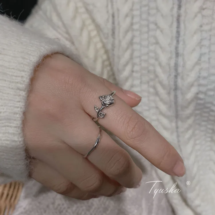 锌合金戒指 韩版S925银时尚创意玫瑰花戒指女复古个性花朵开口ins