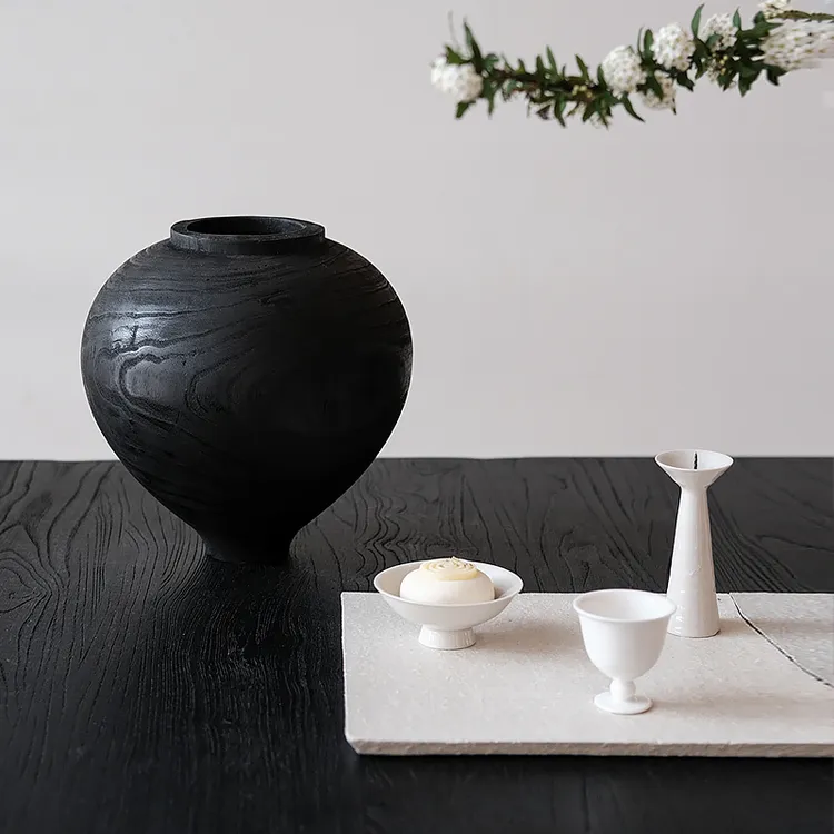 侘寂复古圆肚花瓶木质水养鲜花插花客厅餐桌装饰摆件轻奢高级黑色