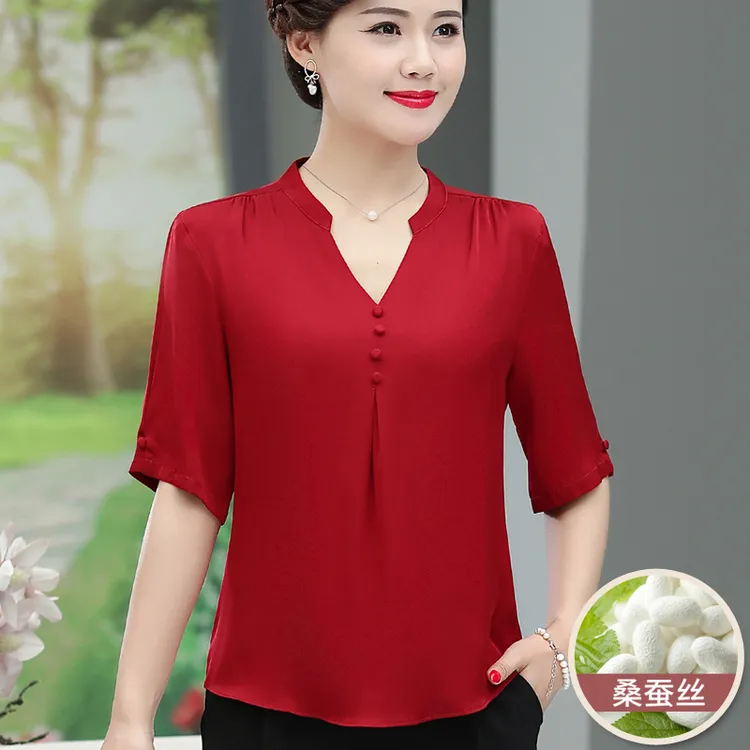 妈妈夏装真丝上衣遮肚显瘦2023新款中老年女短袖T恤桑蚕丝衬衫薄