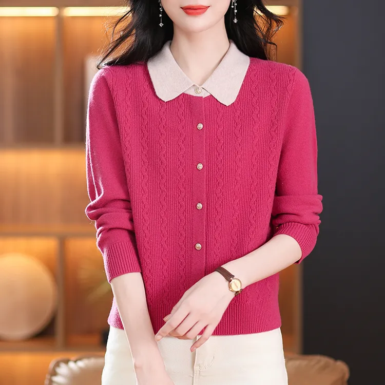 羊毛衫女100纯羊毛开衫洋气妈妈秋冬装翻领上衣中年大码纯色外套