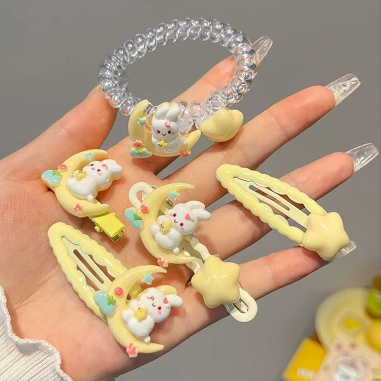 坐在月亮上的兔子发夹 可爱甜美少女心星星学生刘海边夹头饰卡子