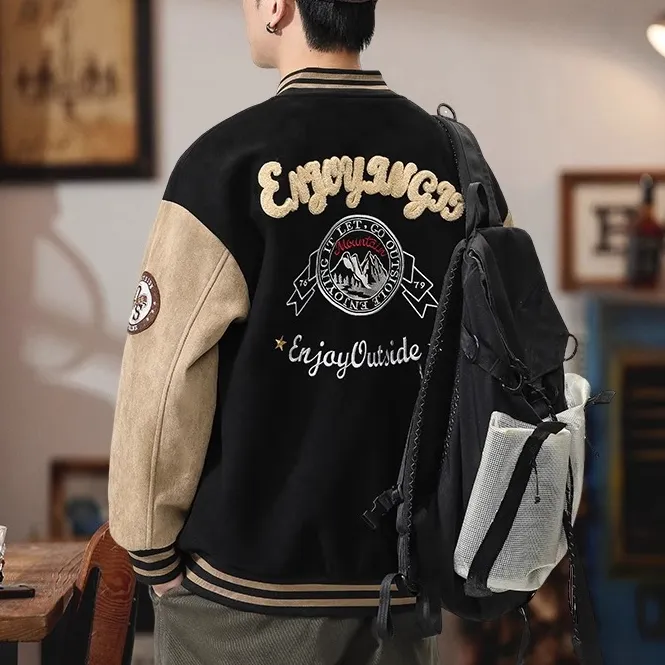 美式高端麂皮绒棒球服男秋冬夹棉保暖休闲刺绣上衣服痞帅夹克外套
