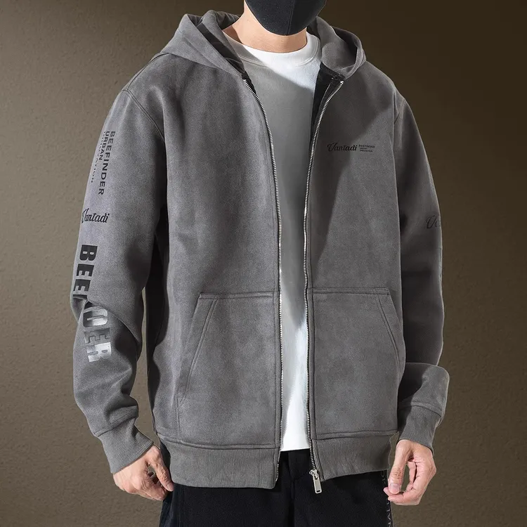 麂皮绒拉链开衫卫衣男连帽春秋季新款外套男士潮牌大码运动外衣服