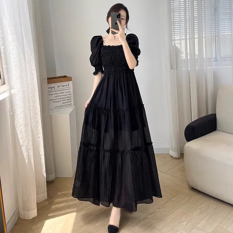 大码女装夏季黑色方领法式连衣裙胖mm气质收腰显瘦赫本长裙200斤