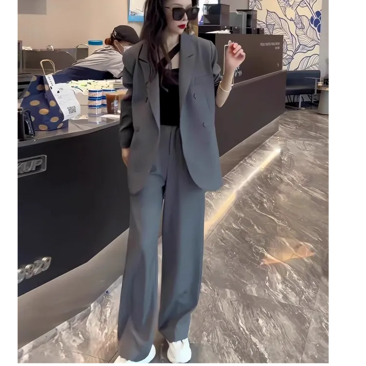 春秋大码灰色套装西装女胖mm新款显瘦高级感西服外套阔腿裤两件套