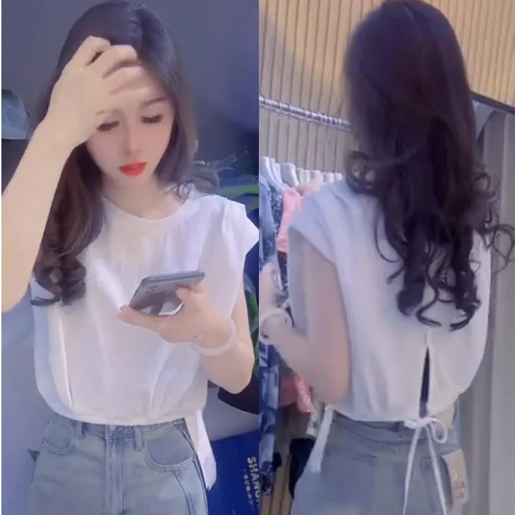 白色后背系带镂空短袖t恤女2025新款夏季设计感小众独特别致上衣