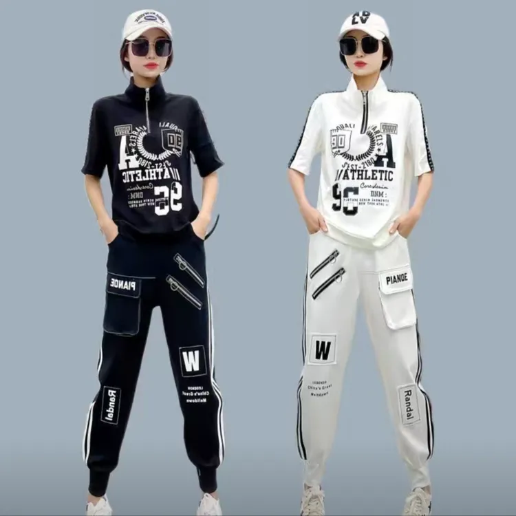 运动套装女炸街春夏新款时尚显瘦立领短袖上衣哈伦裤休闲两件套潮