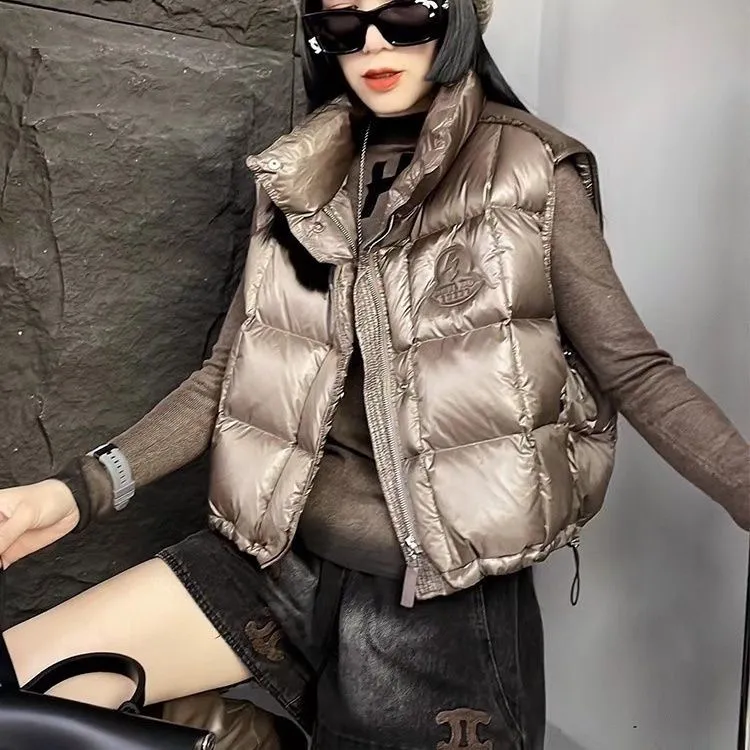 立领轻薄百搭棉服马甲女拼皮短款抽绳马夹外套宽松加厚秋冬外穿