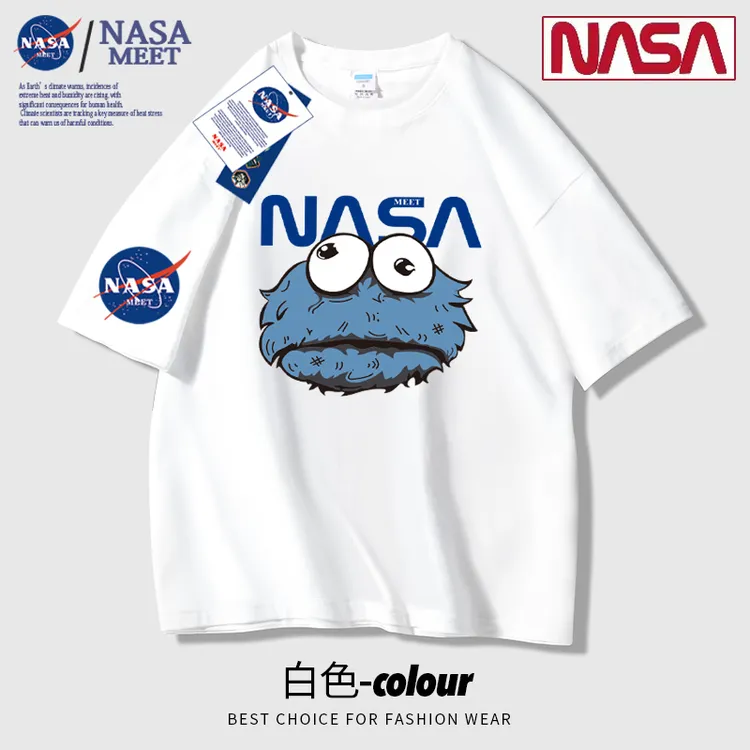 NASA MEET联名款重磅短袖t恤男女同款夏季纯棉宽松圆领半袖印花潮