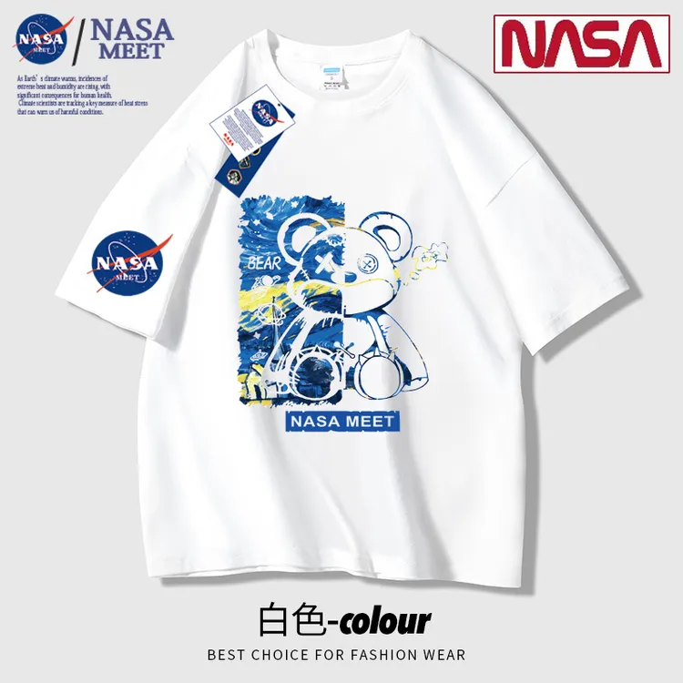 NASA MEET联名款2023新款可爱线条小熊男女同款短袖潮牌情侣T恤