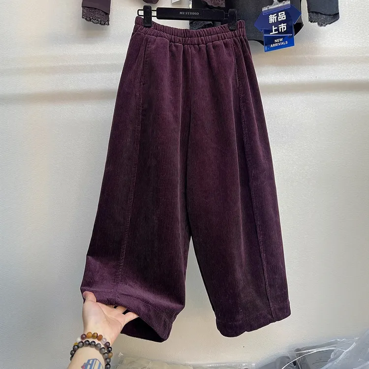 高端欧货2024冬季新款松紧高腰休闲阔腿加绒灯芯绒直筒裤女奶奶裤