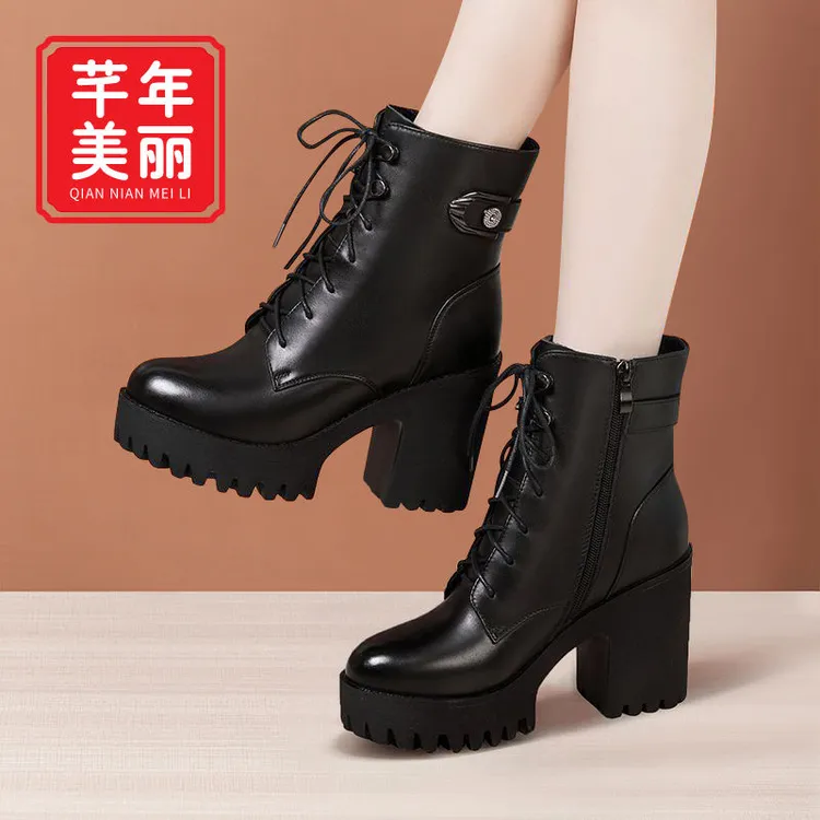 休闲高跟马丁靴女2025秋冬新款加绒系带中筒靴防水台厚底高跟短靴